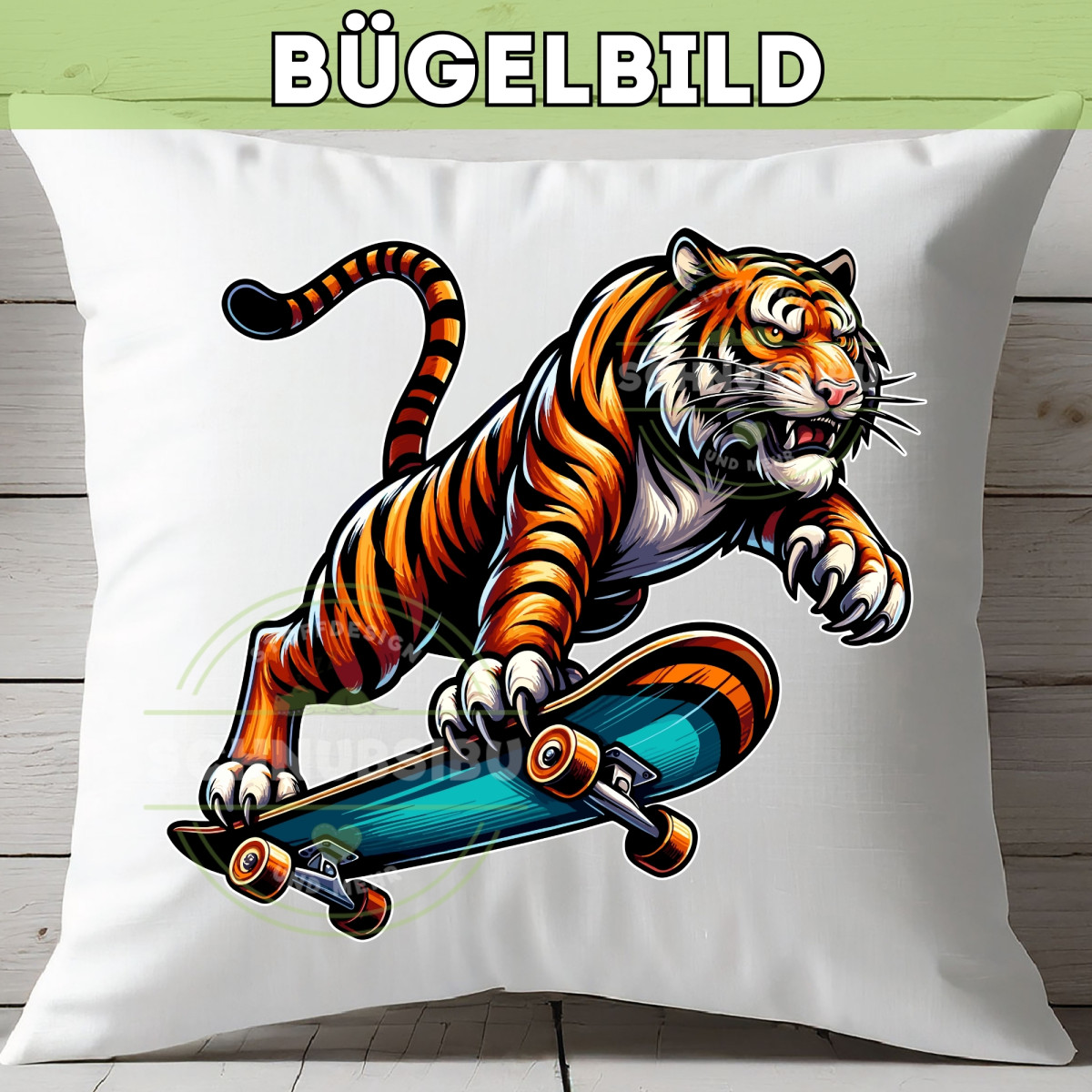 Bügelbild Tiger auf Skateboard